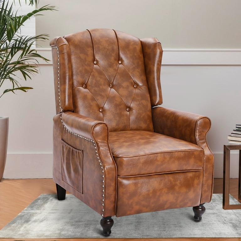 Cognac Wingback Recliner with Diamond Tufting and Nailhead Trim