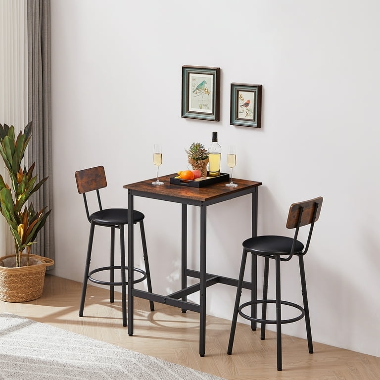 Compact Dining Set for 2 Brown Wood Low Back Cushioned Stools