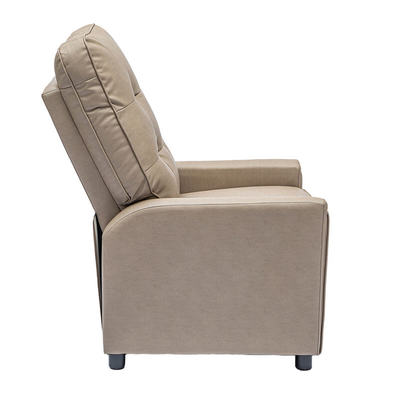 Compact Leather Like Recliner: Tan, Segmented Backrest, Square Arms