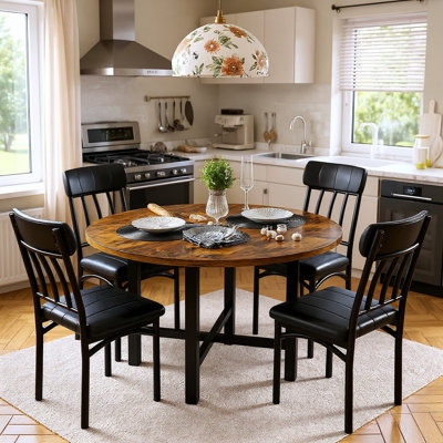 Compact Round Dining Set, Black Upholstered Chairs, Wood-Toned X-Base Table, 5-Piece