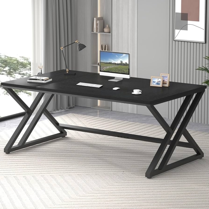 Computer Desk, 70 Inch X-Frame Legs, Matte Black Finish