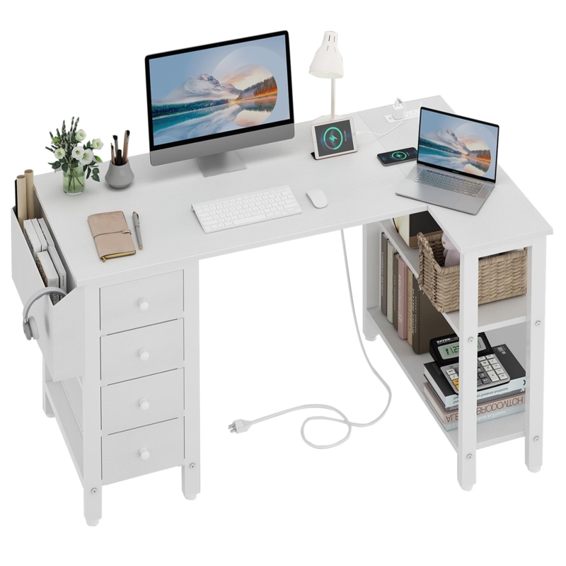 Computer Desk L-Shaped with Four Drawer Pedestal and Integrated Power