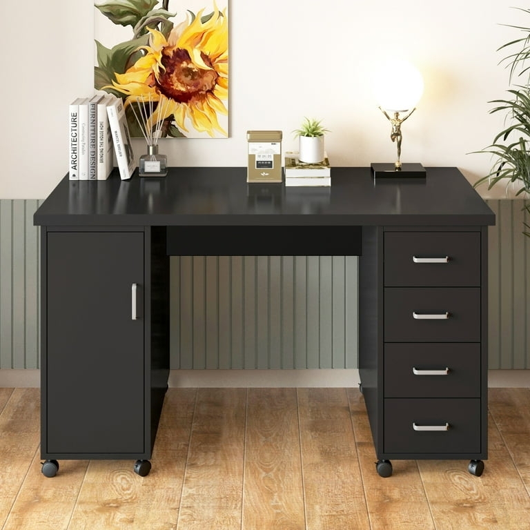 Computer Desk, Lockable Wheels, Four Drawer Stack, Matte Finish