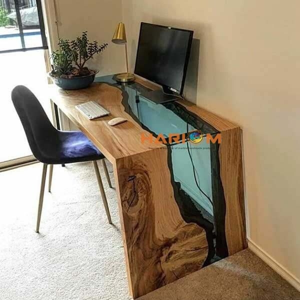 Computer Desk Waterfall Edge Blue Resin River Live Edge Wood Artisanal