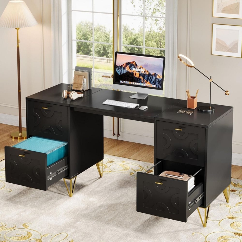 Computer Desk with Arched Geometric Drawer Fronts and Gold Legs