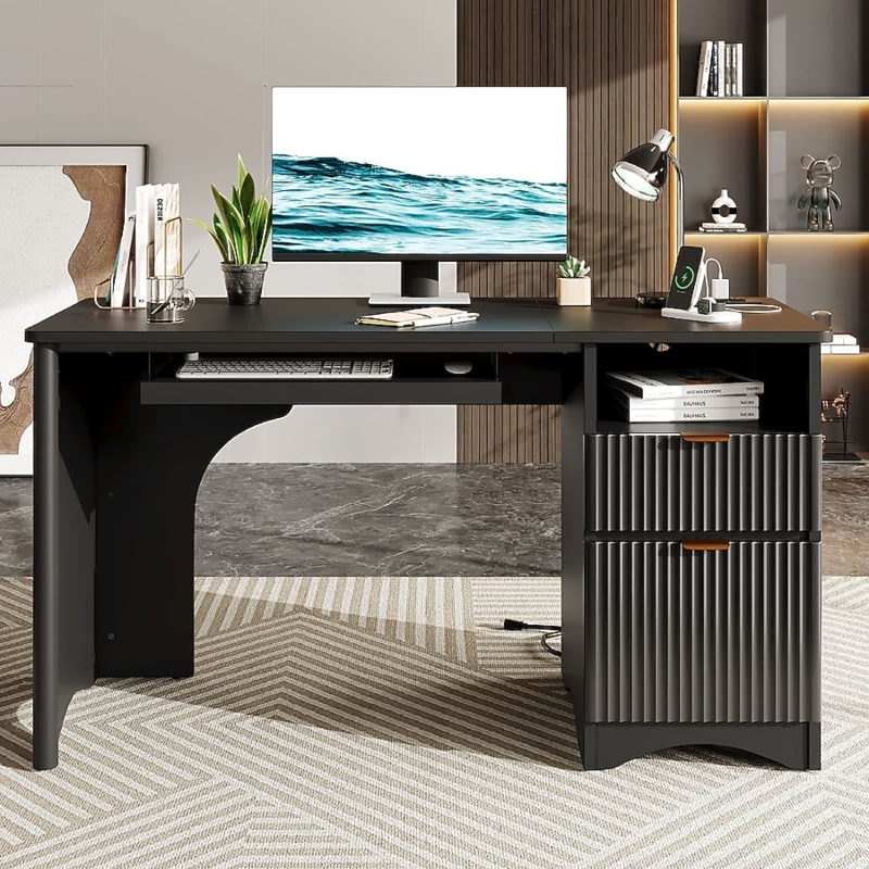Computer Desk with Fluted Drawers and Integrated Power Outlets