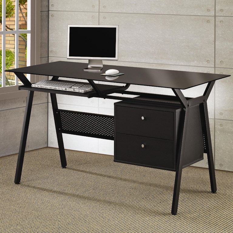 Computer Desk with Glass Top and Perforated Metal Modesty Panel