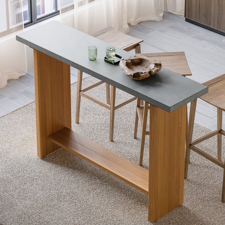 Concrete Grey Bar Table: Wood Pedestal Base & Narrow Top