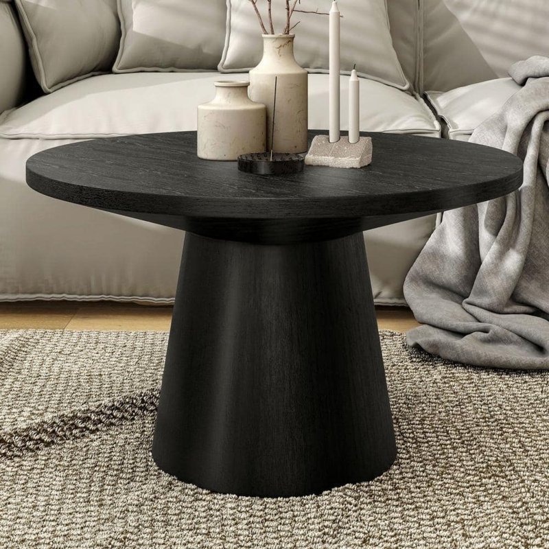 Conical Base Coffee Table, Round Matte Wood Grain, Sculptural Pedestal
