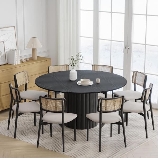 Contemporary Black and Oak Table Round Ribbed Pedestal Base