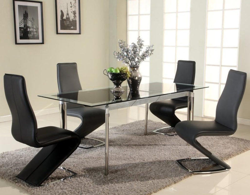 Contemporary Black Glass Dining Set with Z-Shape Cantilever Chairs