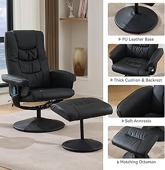 Contemporary Black Swivel Recliner Chair on Sleek Pedestal Base
