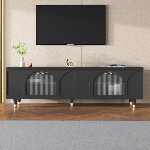 Contemporary Black TV Stand with Arched Fluted Glass and Gold Legs