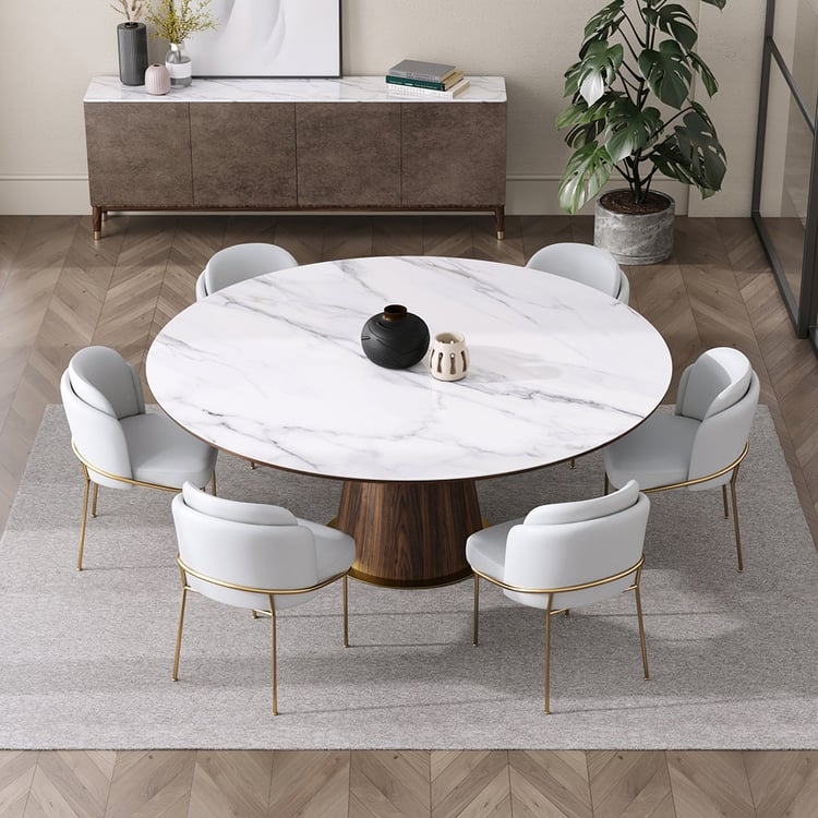 Contemporary Dining Room Set featuring Wrap-Around White Chairs