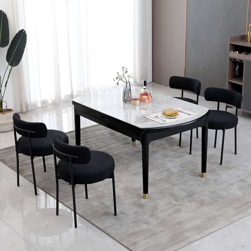 Contemporary Dining Set Black Boucle Curved Back Chairs Marble Table