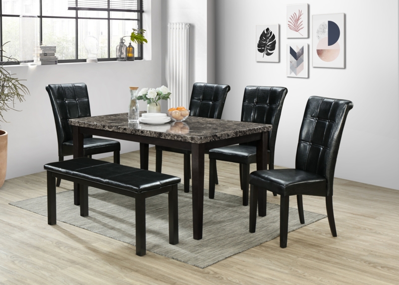 Contemporary Dining Set Faux Marble Top with Tufted Black Upholstery