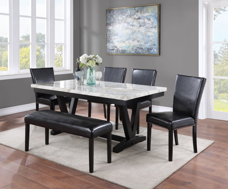 Contemporary Dining Set with Faux Marble Top and Trestle Base