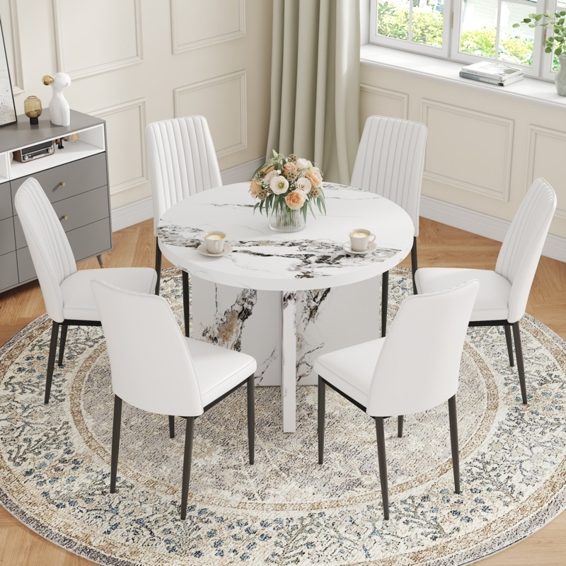 Contemporary Dining Table Set featuring a Marble Pattern Pedestal Base