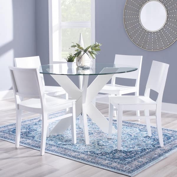 Contemporary Dining Table: White Cross Base, Open Back Chairs