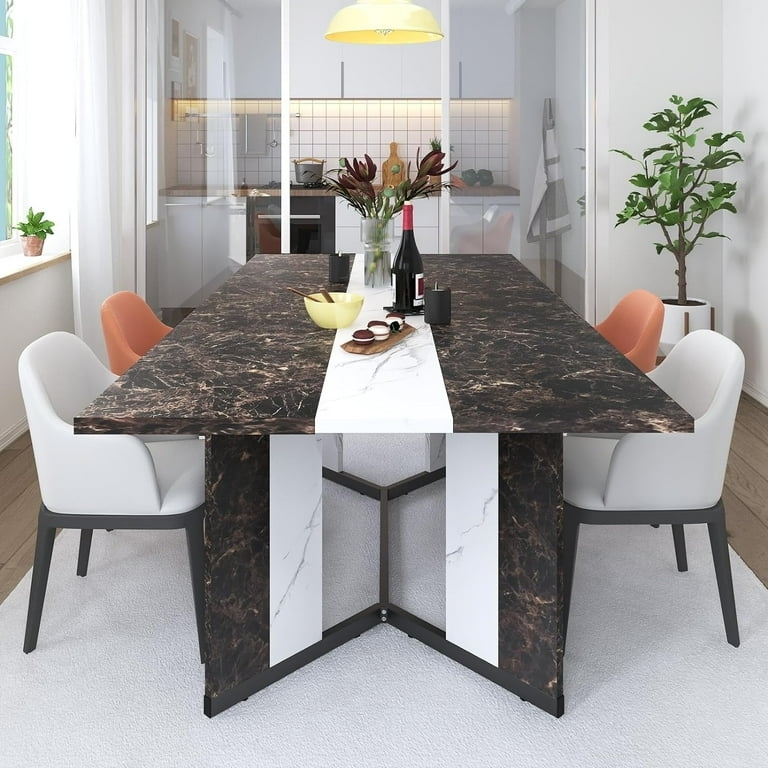 Contemporary Dining Table with Contrasting Marble Stripe and Slab Legs