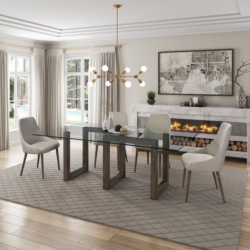 Contemporary Dining Table with Glass Top and Dark Wood Trestle Base