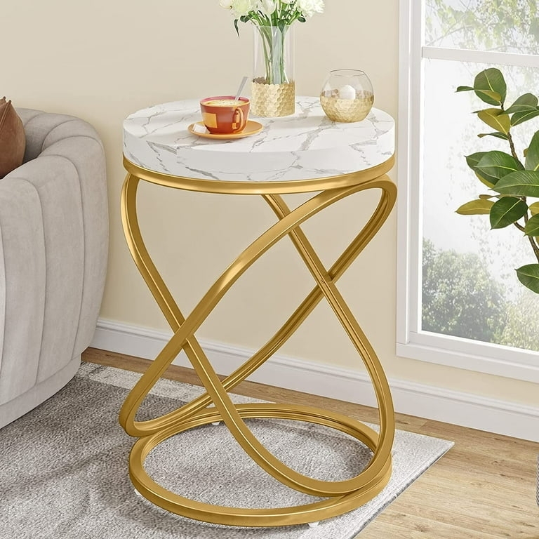 Contemporary Glam Round End Table with Thick Marble Top and Gold X-Base