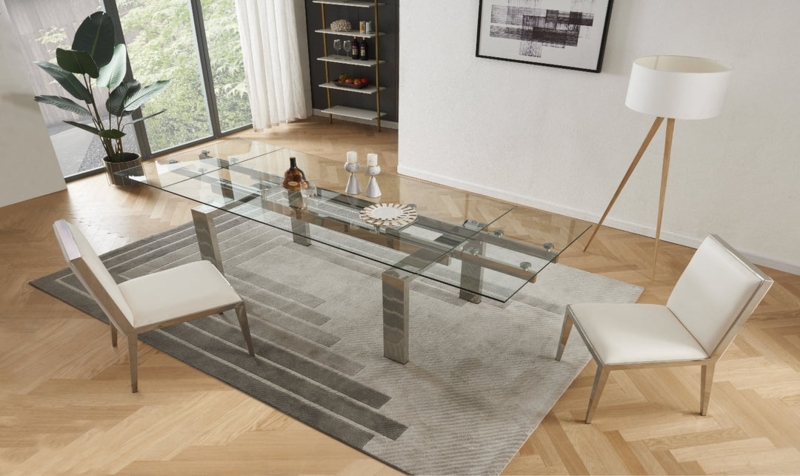Contemporary Glass Dining Table with Extendable Polished Metal Frame