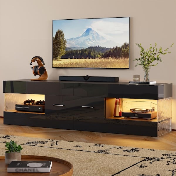 Contemporary Glossy Black TV Stand with Rippled Side Panels and LED