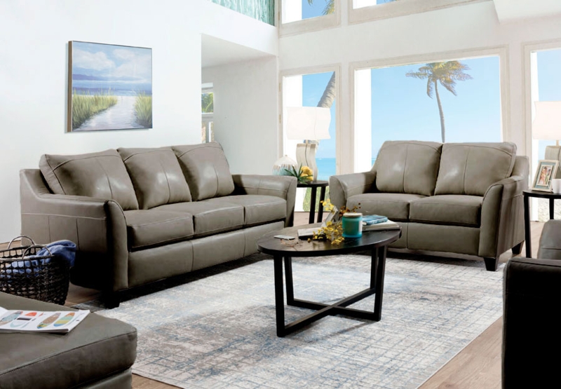 Contemporary Grey Leather Living Room Set, Track Arms