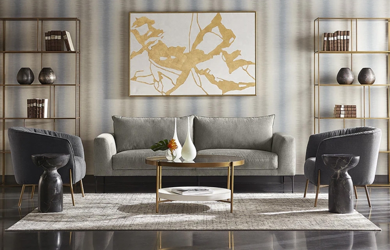Contemporary Grey Upholstered Sofa in Symmetrical Living Room