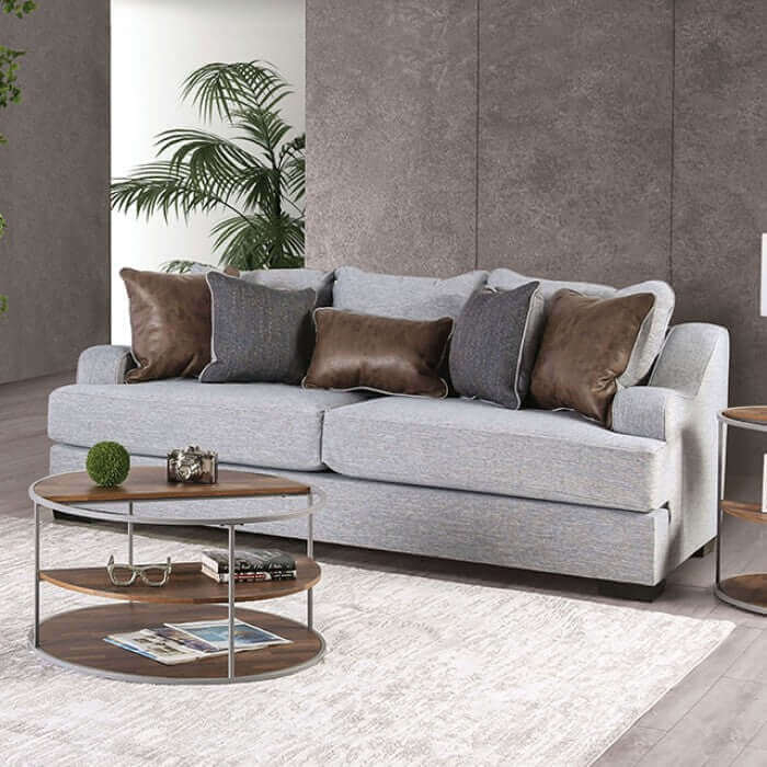Contemporary Heathered Upholstered Couch with Mixed Material Pillows