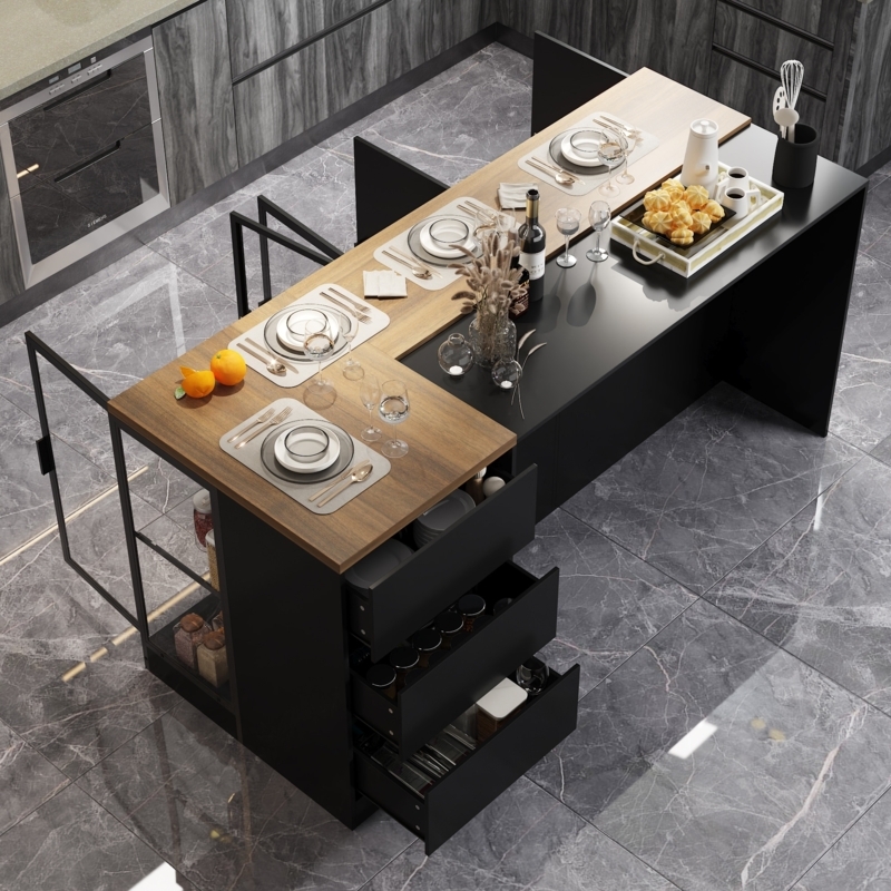 Contemporary Kitchen Island Multi-Level Wood Top Glass Cabinets