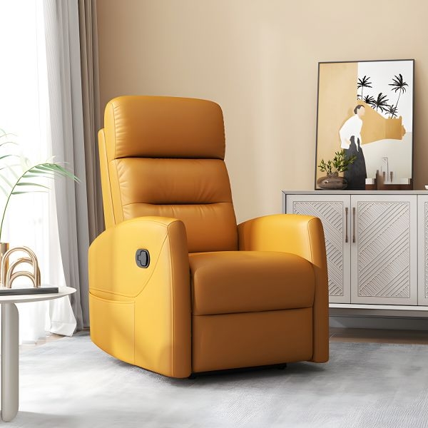 Contemporary Manual Recliner with Side Pocket in Yellow Leather-Like