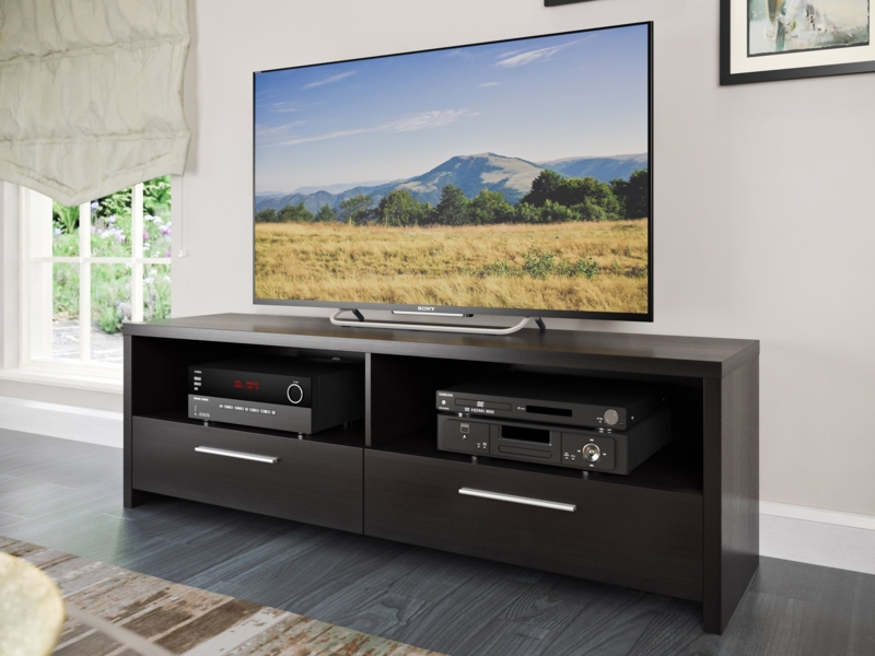Contemporary Media Console with Drawers and Silver Bar Pulls.