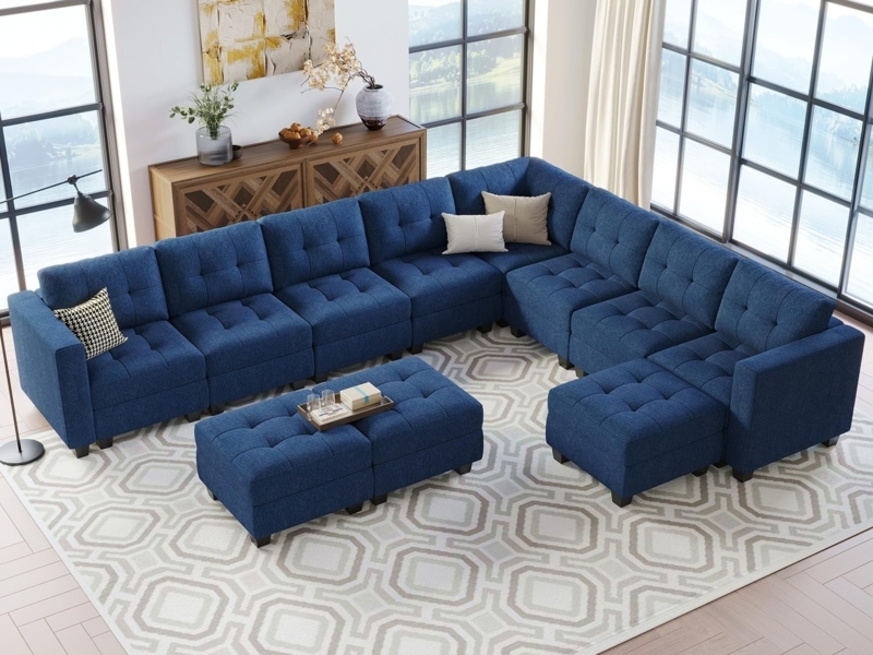 Contemporary Modular Sectional Sofa U-Shaped Blue Fabric Square Tufting