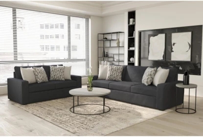 Contemporary Navy Blue Sofa Set with Track Arms and Block Feet