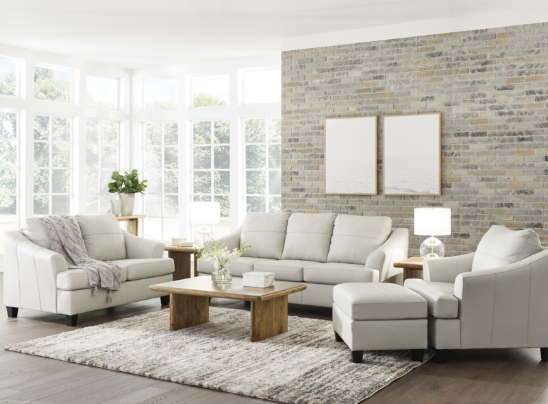 Contemporary Off-White Leather-Like Set with Chunky Wood Legs