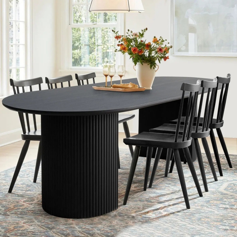 Contemporary Oval Dining Table with Ribbed Pillar Base