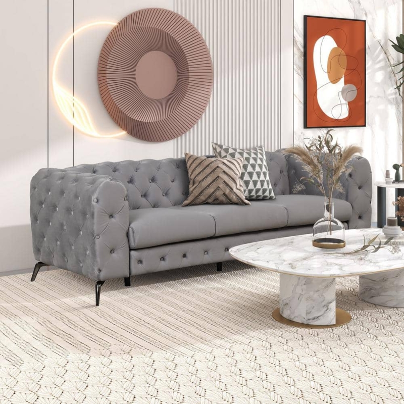 Contemporary Round Arm Couch in Gray Velvet with Tapered Metal Legs
