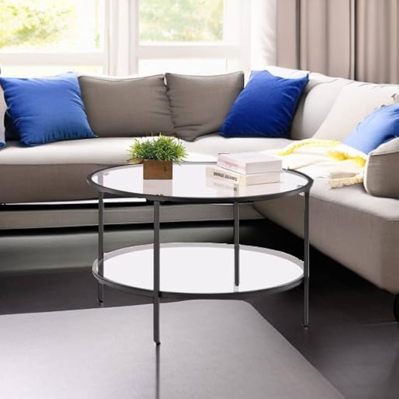 Contemporary Round Coffee Table featuring Double Glass Tier Storage