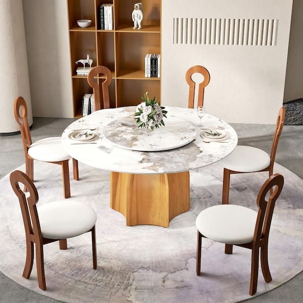 Contemporary Round Stone Dining Table with Keyhole Back Chairs