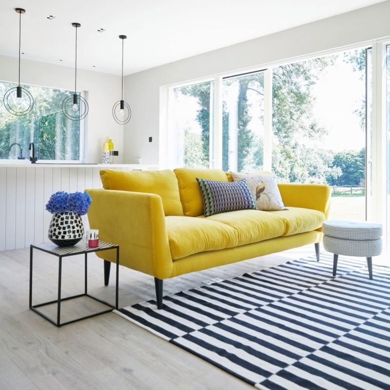 Contemporary Sofa in Canary Velvet with Slim Profile and Tapered Legs