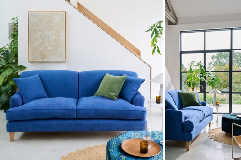 Contemporary Sofa in Cobalt Blue Upholstery with Tapered Wood Legs