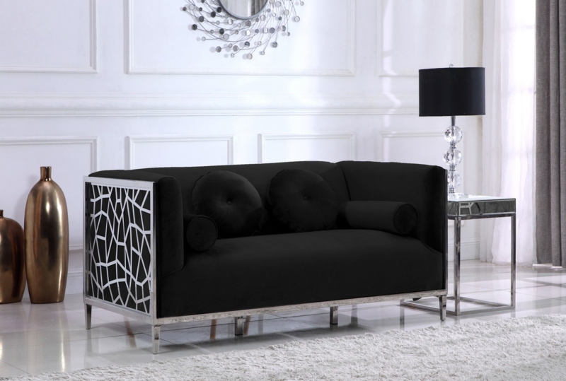 Contemporary Sofa Velvet Geometric Cutout Chrome Frame