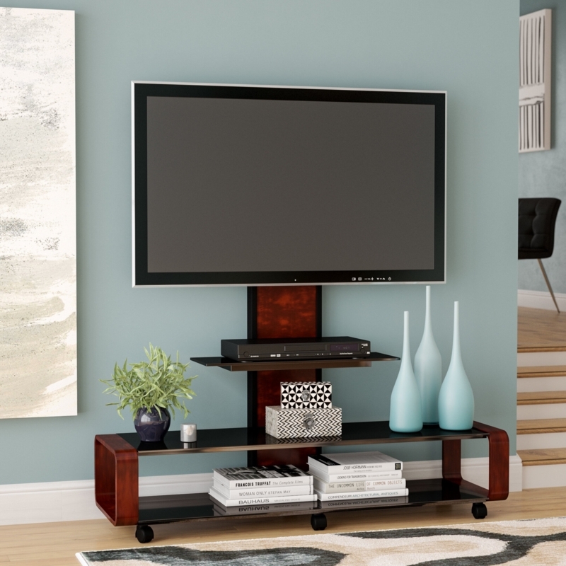 Contemporary TV Stand featuring Bent Wood Frame and Glass Shelves.