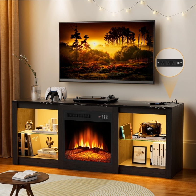 Contemporary TV Stand with Marble Effect Top & Glass Shelves