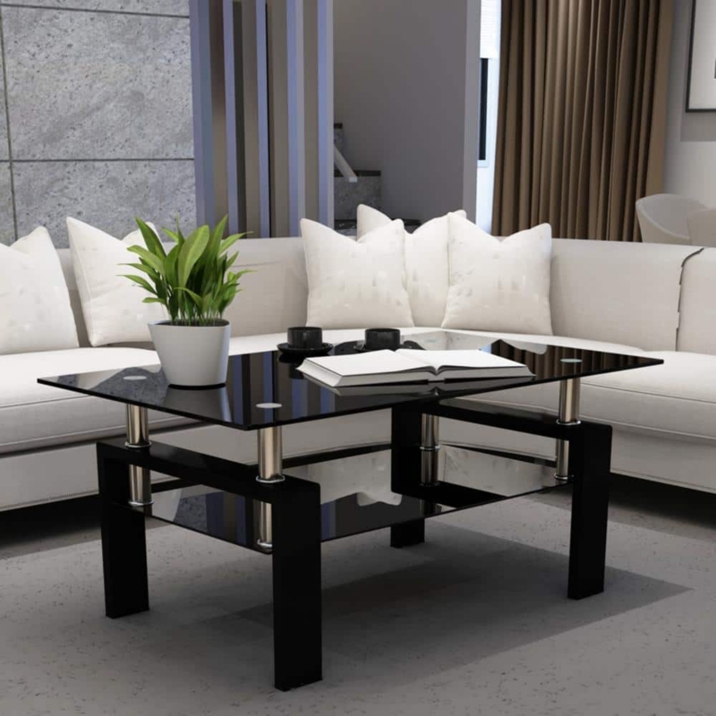 Contemporary Two-Tier Coffee Table with Black Glass and Metal Supports