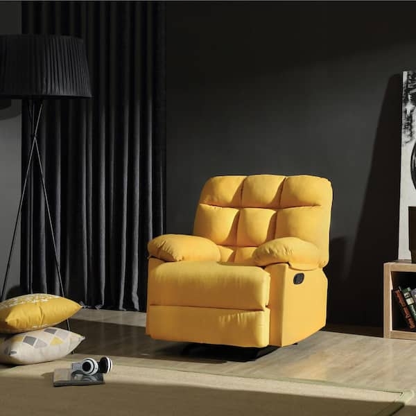Contemporary Yellow Fabric Recliner, Puffy Segmented Back