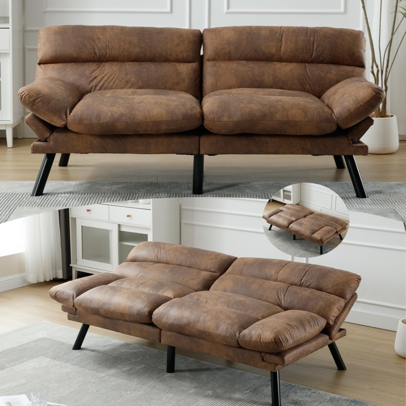 Convertible Futon Sofa Coffee Brown Microsuede Adjustable Pillow Top Arms