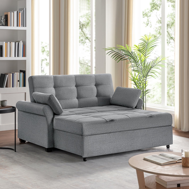 Convertible Queen Sleeper Sofa with Grid Tufting and Rolled Arms